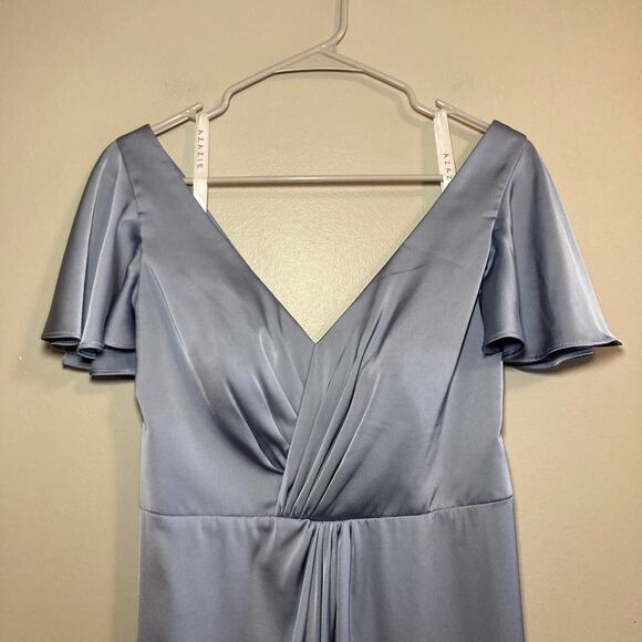 Azazie A-line Empire Waist Pleated Satin Bridesmaid Dress Womens 6-8 Blue Poly - Picture 4 of 12
